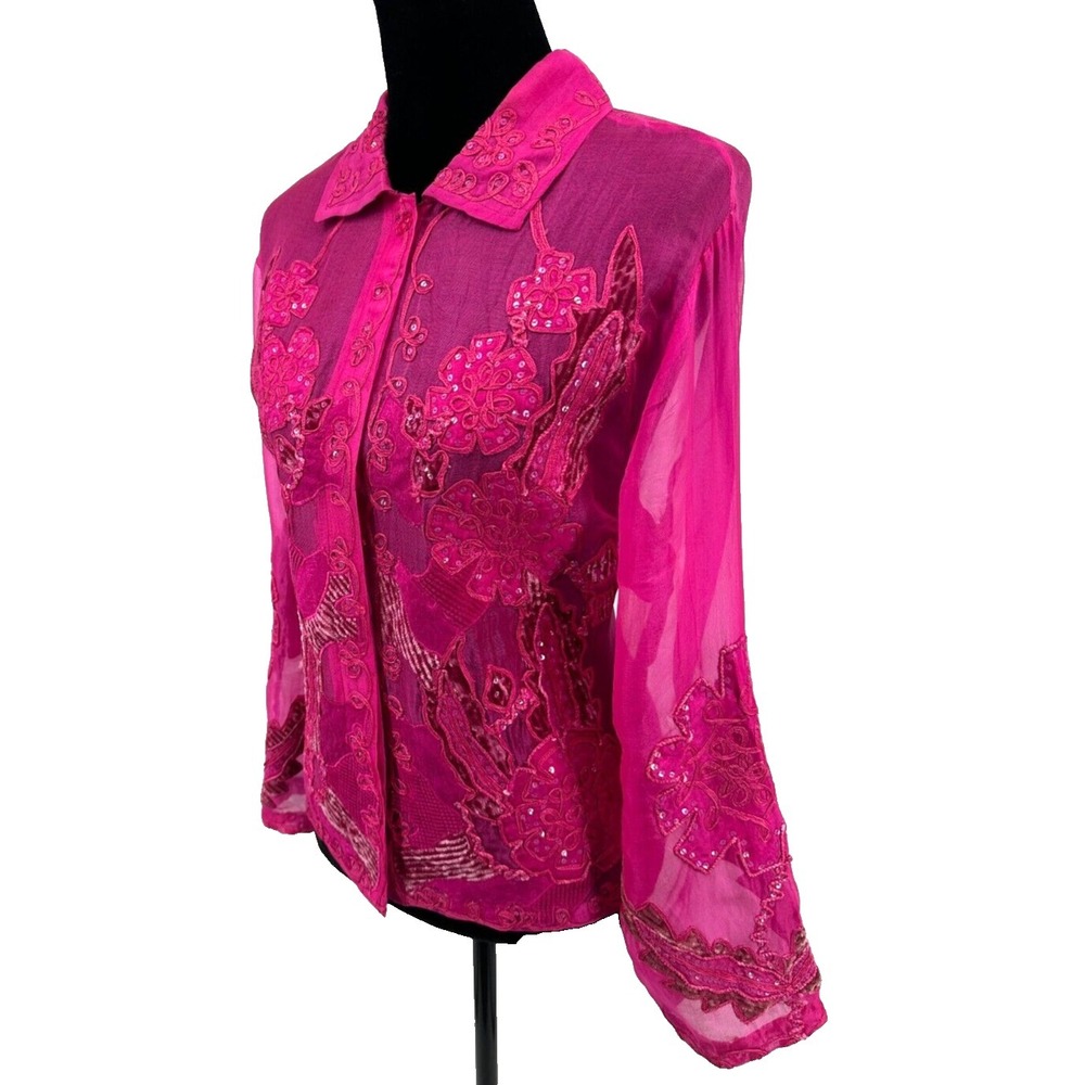 Sandy Starkman Womens Button Up Sheer Blouse Large Pink Embroidered Applique - Picture 7 of 16